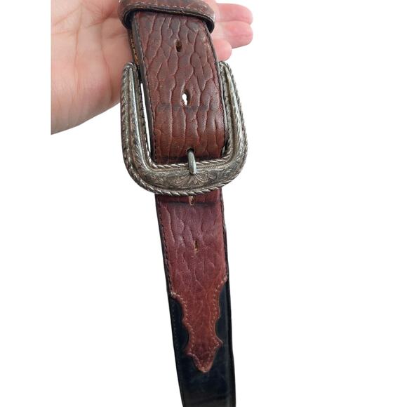 Vintage 1995 JUSTIN Western Black Brown Leather Belt Cowboy Silver Tone Buckle - Picture 2 of 16